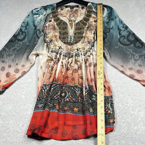 Mushka By Sienna Rose Top Womens Small Tunic Boho Floral Beaded V Neck Artsy - Picture 6 of 11